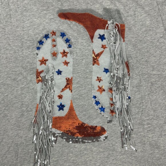 Blue B. Collection Heather Grey Sequin Cowboy Boots Fringe Tee Size Small - Picture 6 of 6